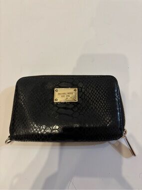 Michael Kors Black Snake-Embossed Zip Wallet with Gold Plate